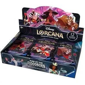 Display box containing 12 packs of Disney Lorcana trading card game cards, featuring characters from Disney's Rise of the Floodborn and Illumineer’s Trove Game Cards.