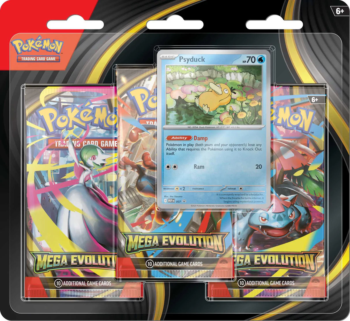 Sealed Pokémon TCG: Mega Evolution 3-Pack Blister featuring a foil Psyduck or Golduck promo card and three Mega Evolution expansion booster packs.
