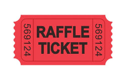 Red raffle ticket with black text on a white background