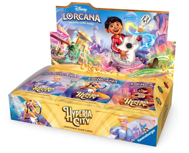 Disney Lorcana Hyperia City trading card game display box with illustrated character art and multiple booster packs visible inside, photographed on a clean white background.