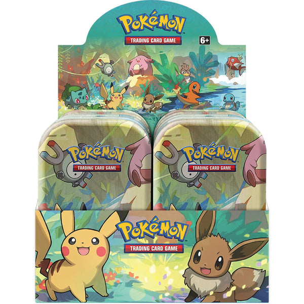 Pokémon TCG Kanto Friends Mini Tin featuring Pikachu, booster packs, coin, and collectible art card on display