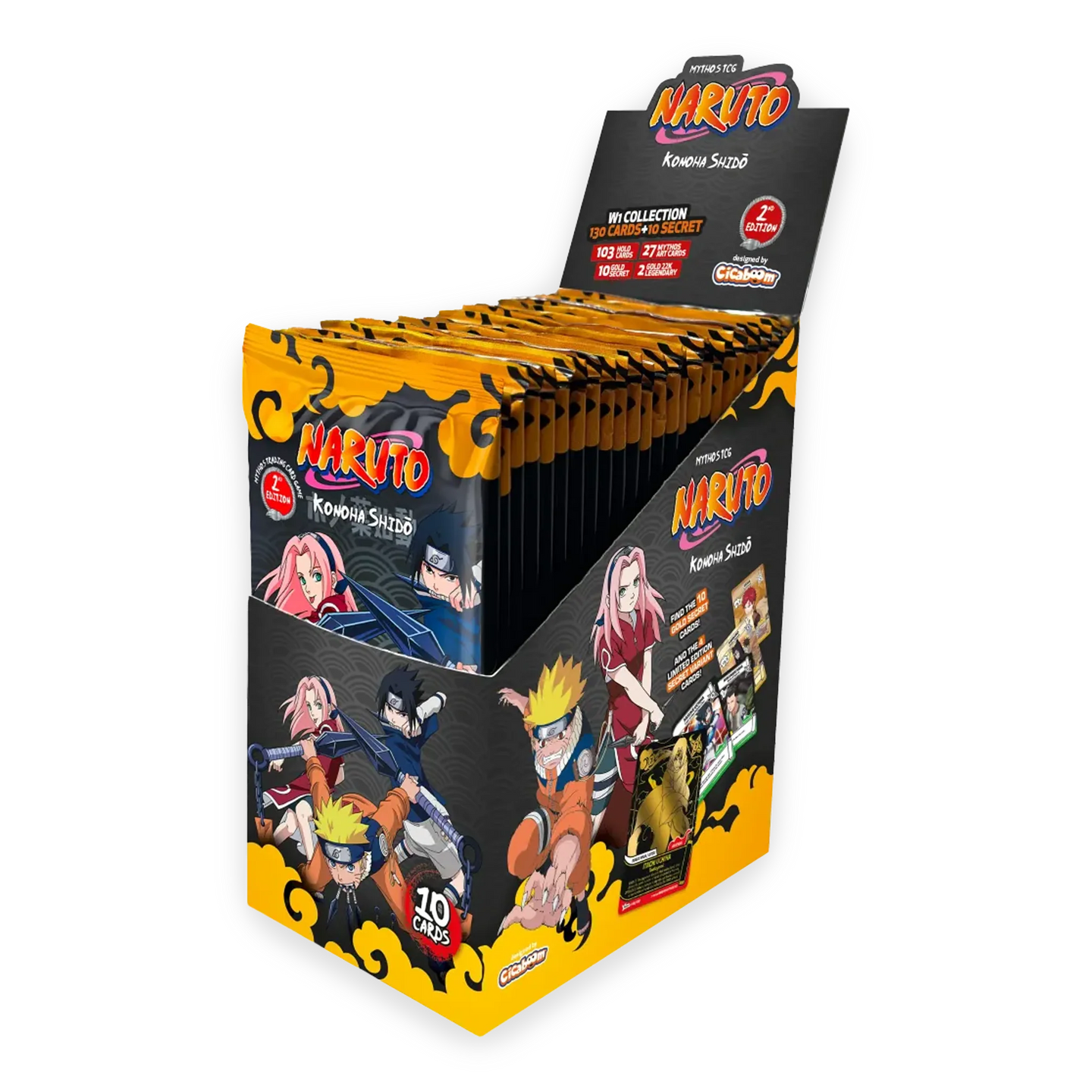 A Naruto Kizuna Scizel 10-pack display box filled with individual trading card packs, shown on a plain white background.