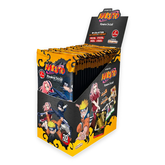 A Naruto Kizuna Scizel 10-pack display box filled with individual trading card packs, shown on a plain white background.