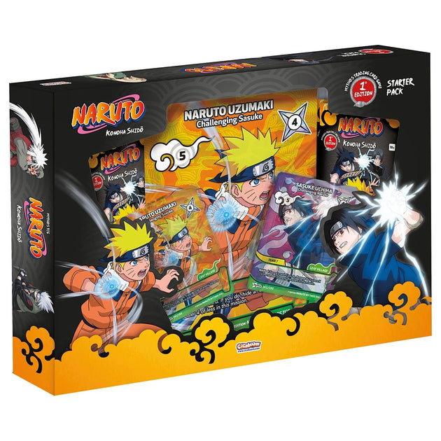Naruto-themed product packaging with character illustrations on a black and orange box.