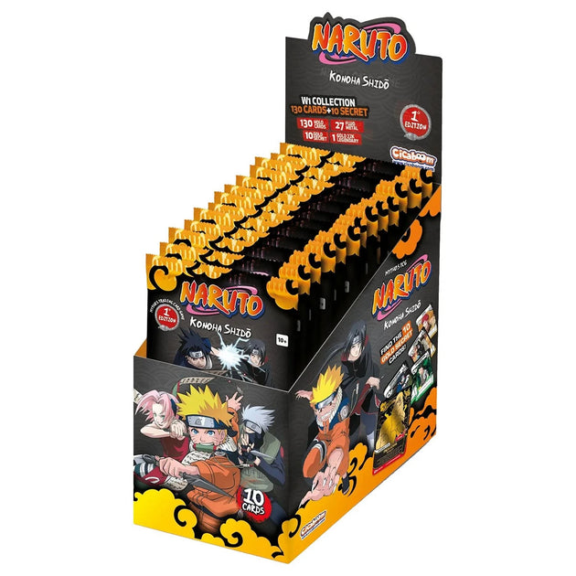 Display box of Naruto figurines with character illustrations on a white background