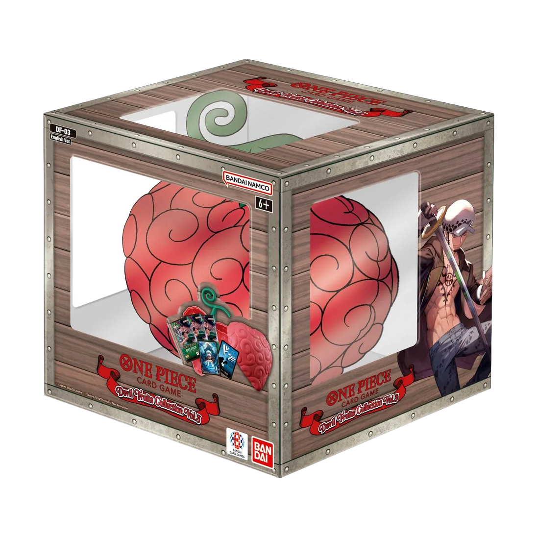 Wooden box with 'One Piece' design featuring a red fruit and character images on a white background.