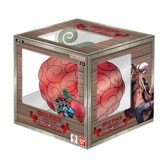 Wooden box with 'One Piece' design featuring a red fruit and character images on a white background.