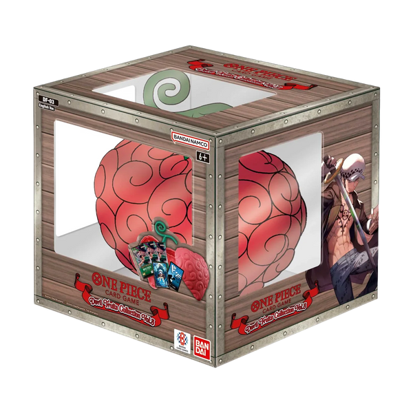 Wooden box with 'One Piece' design featuring a red fruit and character images on a white background.