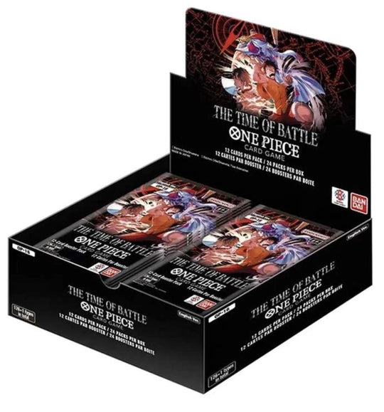 Box of 'One Piece' card game packs on a white background
