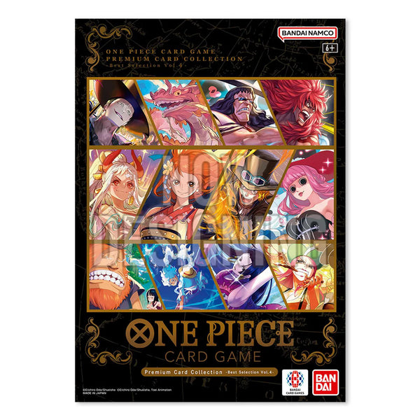 A product shot of the One Piece Card Game: Premium Card Collection - Best Selection Vol.4. The image shows the collector's box, displaying the 12 holofoil cards and highlighting the unique new art and premium finish.