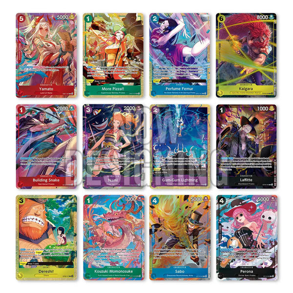 A product shot of the One Piece Card Game: Premium Card Collection - Best Selection Vol.4. The image shows the collector's box, displaying the 12 holofoil cards and highlighting the unique new art and premium finish.
