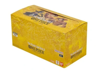 One Piece: Tin Can Box Set Vol. 2 collectible card box by Bandai, featuring a textured yellow-gold design with character artwork on the top and official branding.