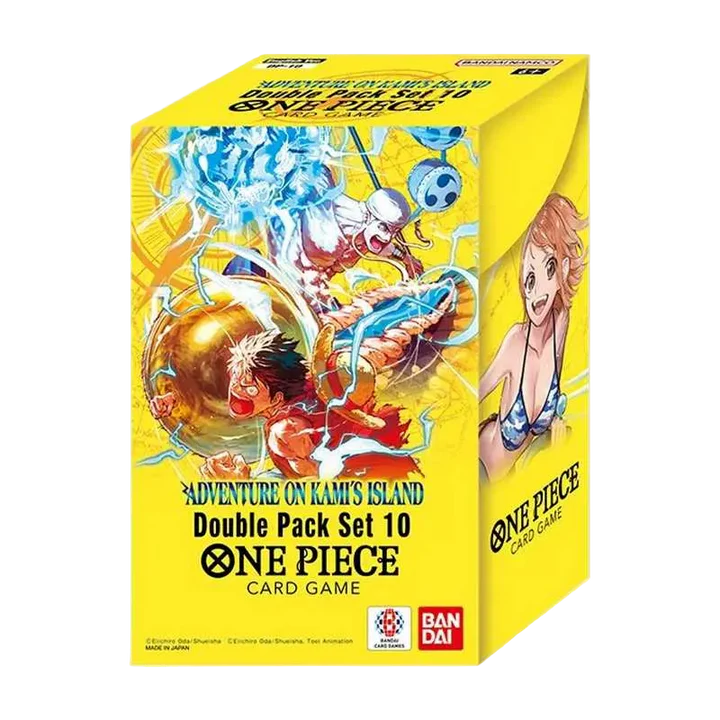 One Piece card game double pack set box with colorful graphics and character images on a yellow background
