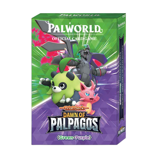 A boxed card game product on a plain white background. The box is labeled Palworld Official Card Game, Trial Deck, Dawn of Palpagos, and Green-Purple, with colorful character artwork on the front.