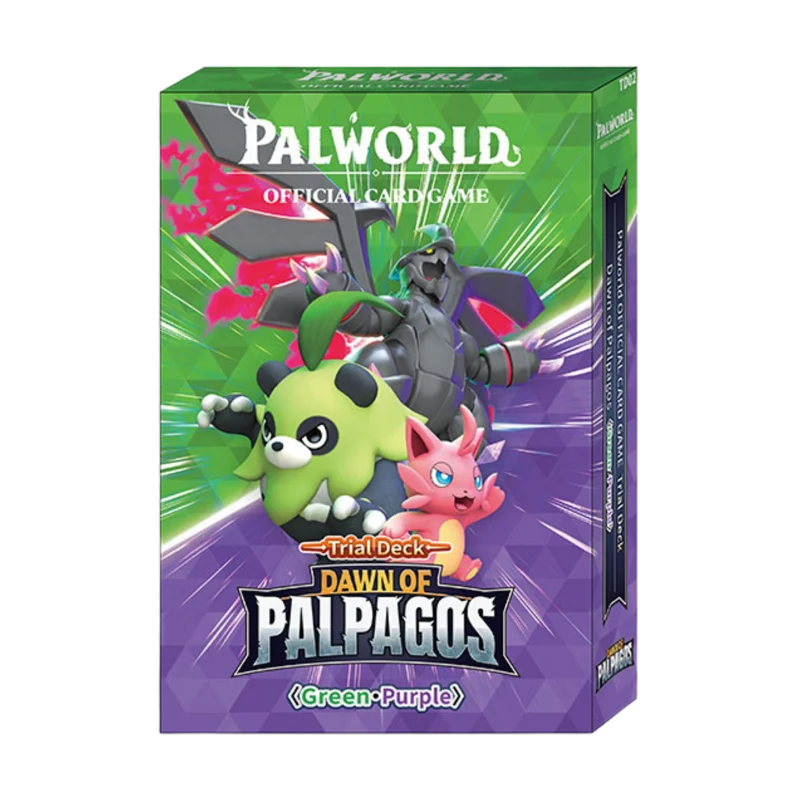 A boxed card game product on a plain white background. The box is labeled Palworld Official Card Game, Trial Deck, Dawn of Palpagos, and Green-Purple, with colorful character artwork on the front.