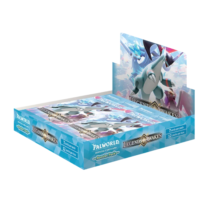 A retail display box of Palworld 'Legend Awakened' booster packs, featuring artwork of a blue whale-like creature on the packaging against a plain white background.