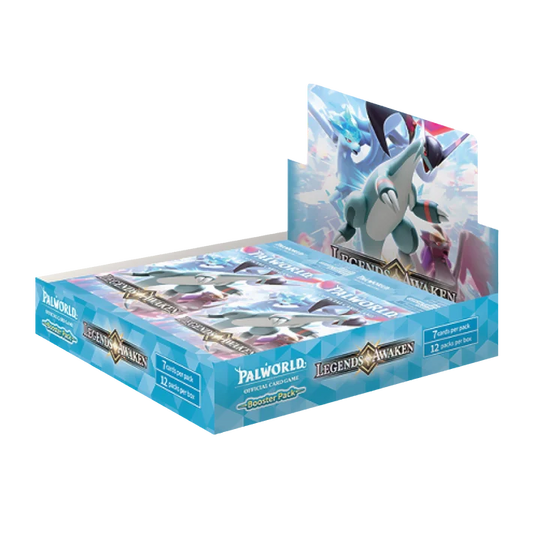 A retail display box of Palworld 'Legend Awakened' booster packs, featuring artwork of a blue whale-like creature on the packaging against a plain white background.