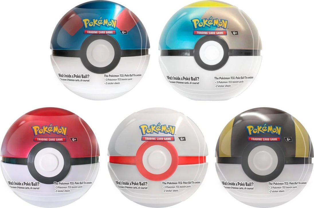 Five Poké Ball! trading card games on a white background