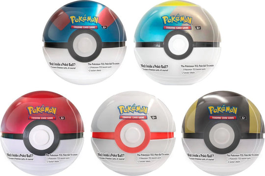 Five Poké Ball! trading card games on a white background