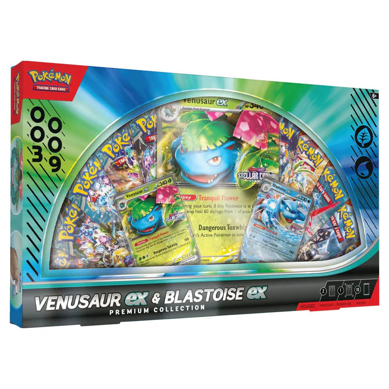 A sealed Pokémon TCG: Venusaur ex & Blastoise ex Premium Collection box. The box art features vibrant illustrations of the two Pokémon, Venusaur ex and Blastoise ex, and shows the ten included booster packs in the display window.