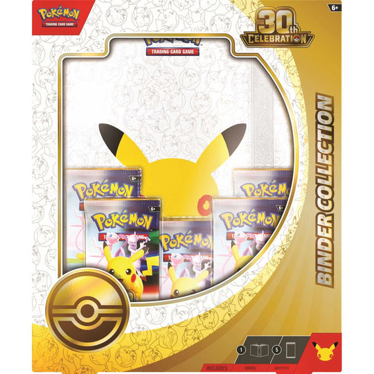 Pokémon Trading Card Game Binder Collection 30th Celebration box set, featuring a large Pikachu graphic and several Pokémon booster packs visible through a clear window on the front.