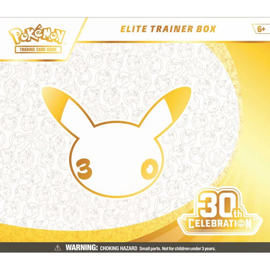 Pokémon Elite Trainer Box 30th Celebration limited edition packaging featuring a large gold outline Pikachu face on a white and gold background.