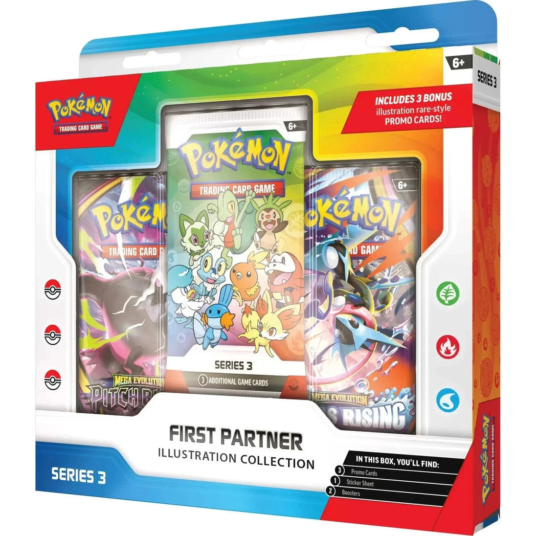 Pokémon Trading Card Game First Partner Illustration Collection Series 3 box set, containing the Pokémon Trading Card Game Pokémon TCG Card Save Series 3 card deck, Pokémon TCG Illustration Card Save Series 3 card deck, and Pokémon TCG Illustration Card Save Series 3 promo card.