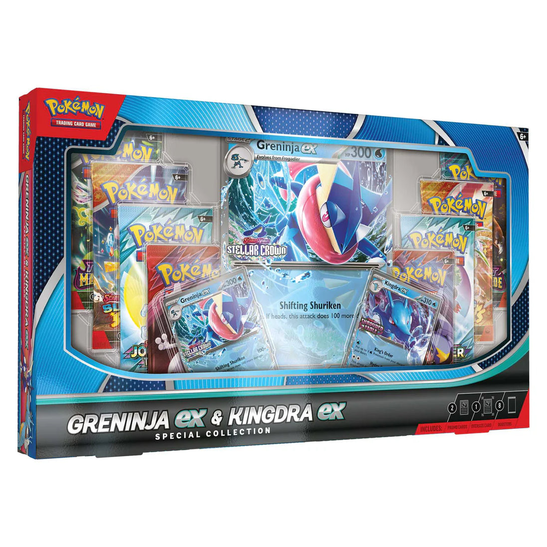 A product shot of the Pokémon TCG: Greninja ex and Kingdra ex Special Collection box. The box features Greninja and Kingdra, with foil promo cards of Greninja ex and Kingdra ex, an oversized Greninja ex card, and booster packs visible inside.