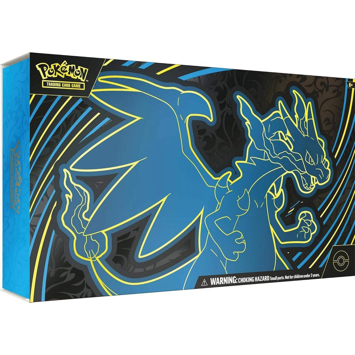 Pokémon trading card game box with a blue and yellow dragon design on a black background