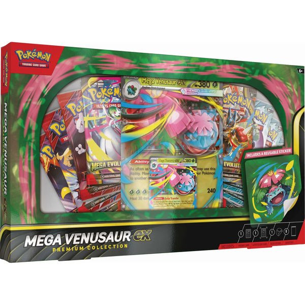 Pokémon Mega Venusaur EX Premium Collection packaging with cards and stickers.