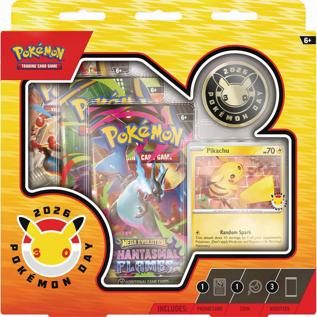 Pokémon trading card game packaging with cards and a Pikachu card on a yellow background.