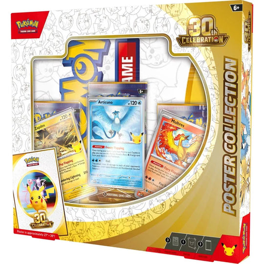 Pokémon 30th Celebration Poster Collection box set, featuring a gold and white box with a clear window displaying trading cards and a small promotional card in front, on a white background.