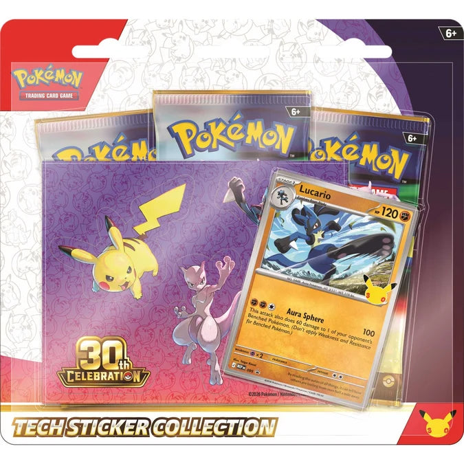 Pokémon Tech Sticker Collection 30th Anniversary pack, featuring a purple sticker sheet with Pikachu and Mew, a Lucario card, and three blue holographic sticker packs inside a clear plastic blister pack.