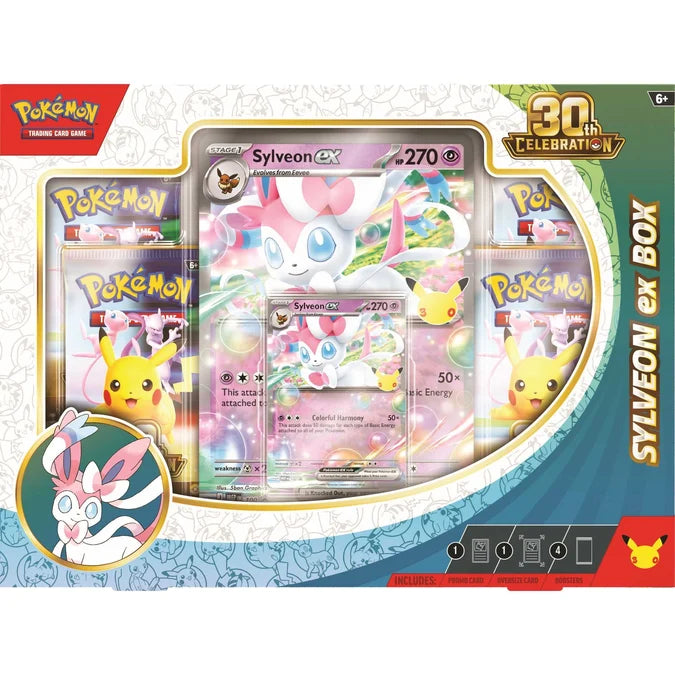 Pokémon Sylveon ex Box 30th Celebration trading card game packaging featuring a large Sylveon card, Pokémon card packs, and a 30th Celebration badge on a colorful white, blue, and green box design.