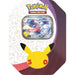 Pokémon Trading Card Game card tin featuring Greninja EX artwork and a large Pikachu face on the front, shown against a plain white background.