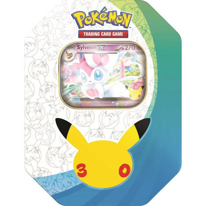 Pokémon Trading Card Game card tin featuring Sylveon EX artwork and a large Pikachu face on the front, shown on a plain white background.
