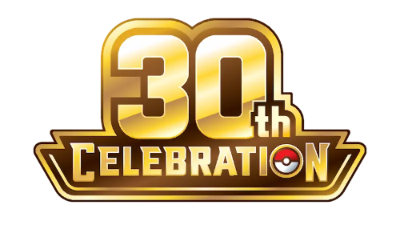 Gold and brown '30th Celebration' logo with a Pokémon ball icon on a white background