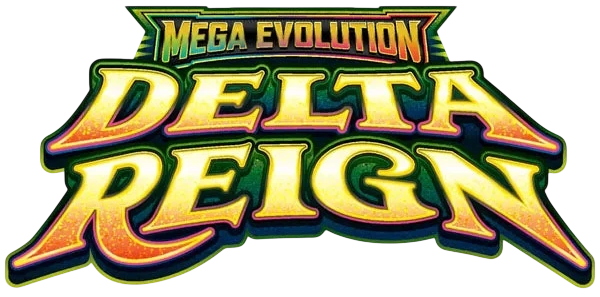 The official logo for Mega Evolution Delta Reign, featuring stylized metallic gold and orange lettering with green and black outlines on a plain white background.