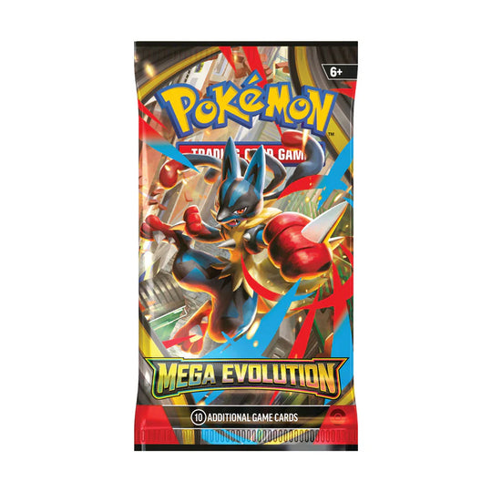 Pokémon TCG Mega Evolution Booster Pack featuring holofoil Mega Charizard card and assorted Trainer cards
