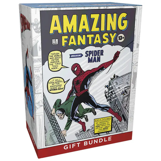 MTG Spider-Man gift bundle with Marvel-themed cards, playmat, dice, and collector packaging