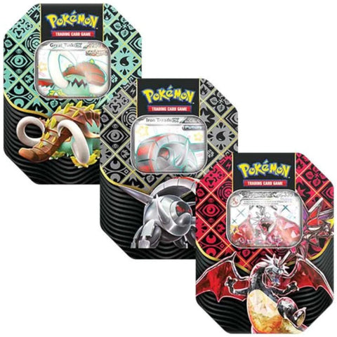 Paldean Fates Tin – Great Tusk, Iron Treads or Charizard ex