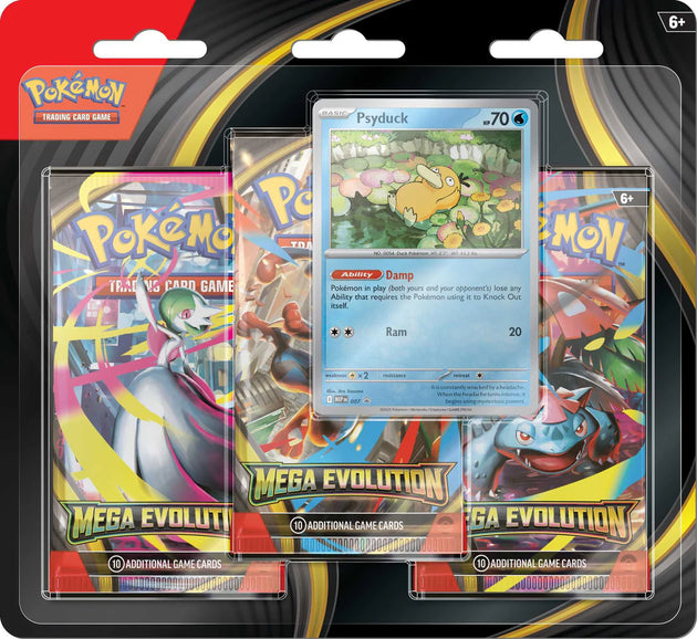 Sealed Pokémon TCG: Mega Evolution 3-Pack Blister featuring a foil Psyduck or Golduck promo card and three Mega Evolution expansion booster packs.