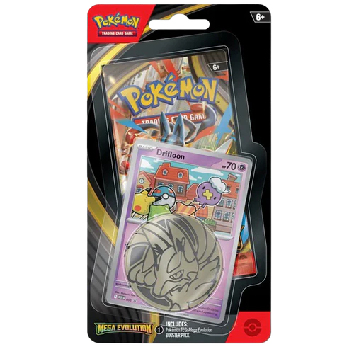 Sealed Pokémon TCG: Mega Evolution Single Blister Pack showing 1 booster pack, a foil promo card, and a collectible Pokémon coin.
