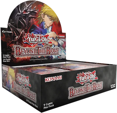A Yu-Gi-Oh! Trading Card Game Beyond the Brave 6+Years display box filled with booster packs, shown on a plain white background. The packaging features artwork of Yugi and a dark monster, with Konami branding clearly visible.
